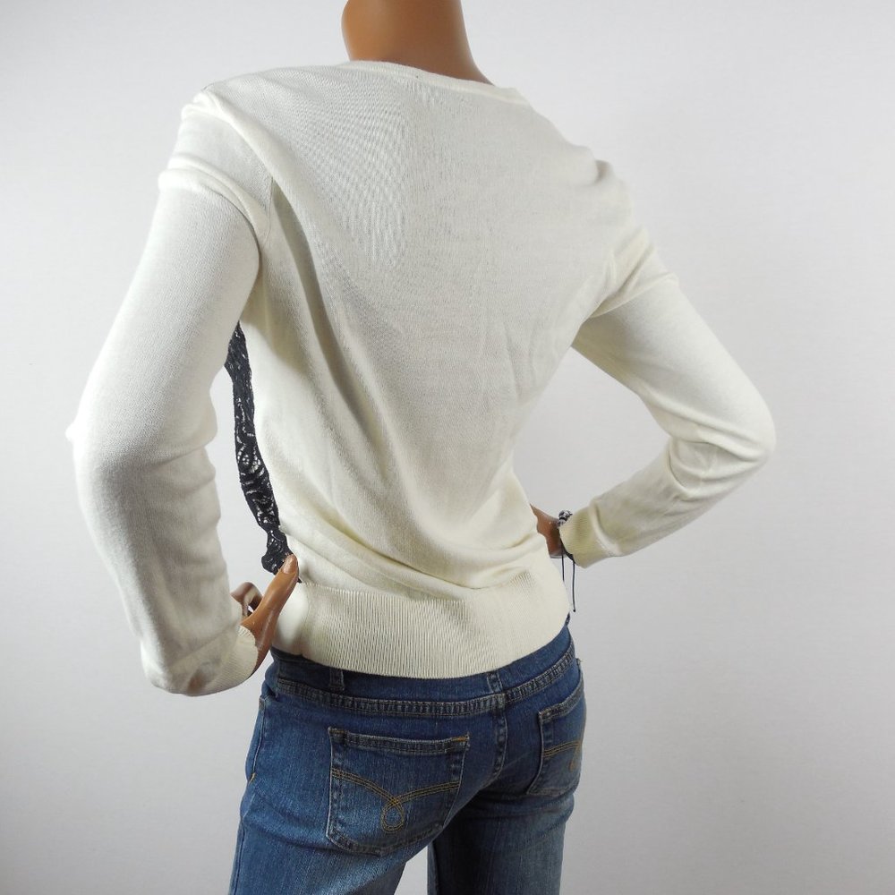 ANN TAYLOR Top M Knit Cardigan Button Down Front Ivory Black Embroidery Lace - Picture 9 of 12